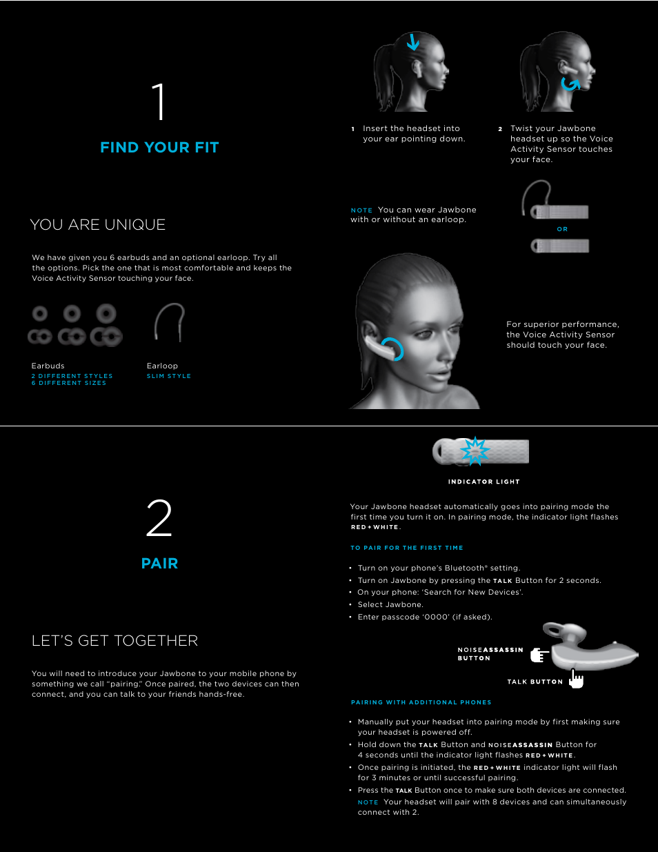 Pair let’s get together, Find your fit, You are unique | Jawbone Prime User Manual | Page 2 / 3