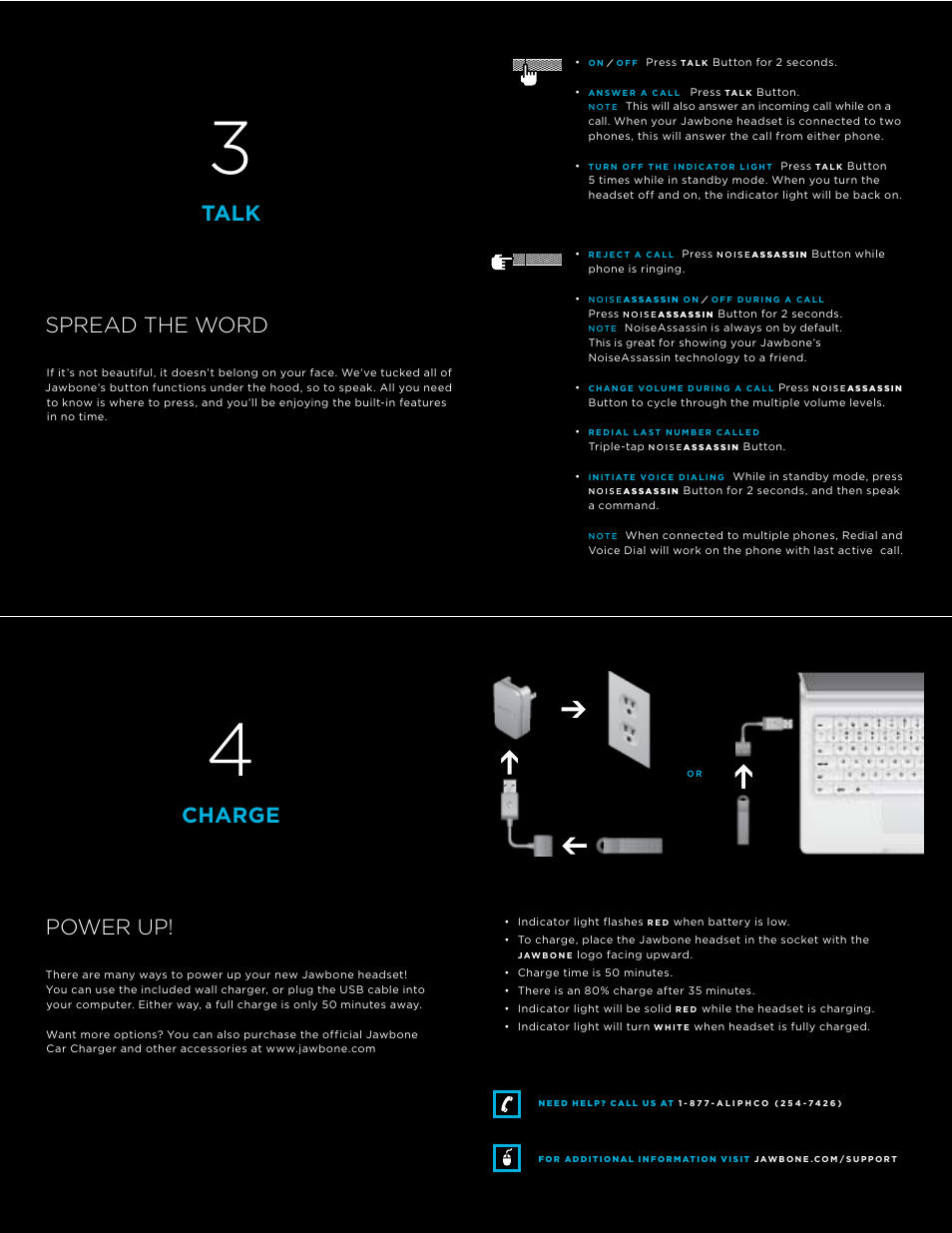 Charge power up, Talk spread the word | Jawbone Prime User Manual | Page 3 / 3