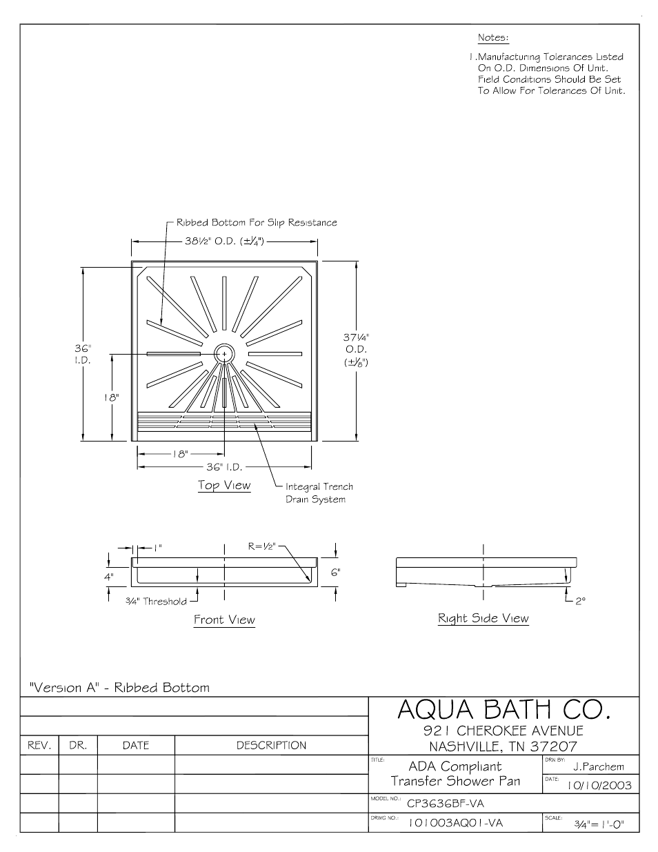Aqua Bath CP3636BF (Std Center Drain) User Manual | Page 2 / 7