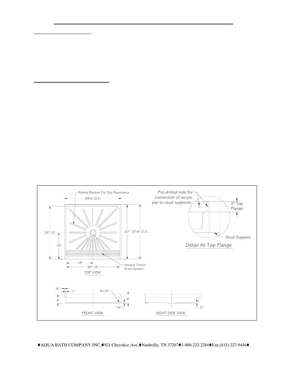 Page 1, Installation requirements, Steps for the installation process | Detail at top flange | Aqua Bath CP3636BF (Std Center Drain) User Manual | Page 4 / 7