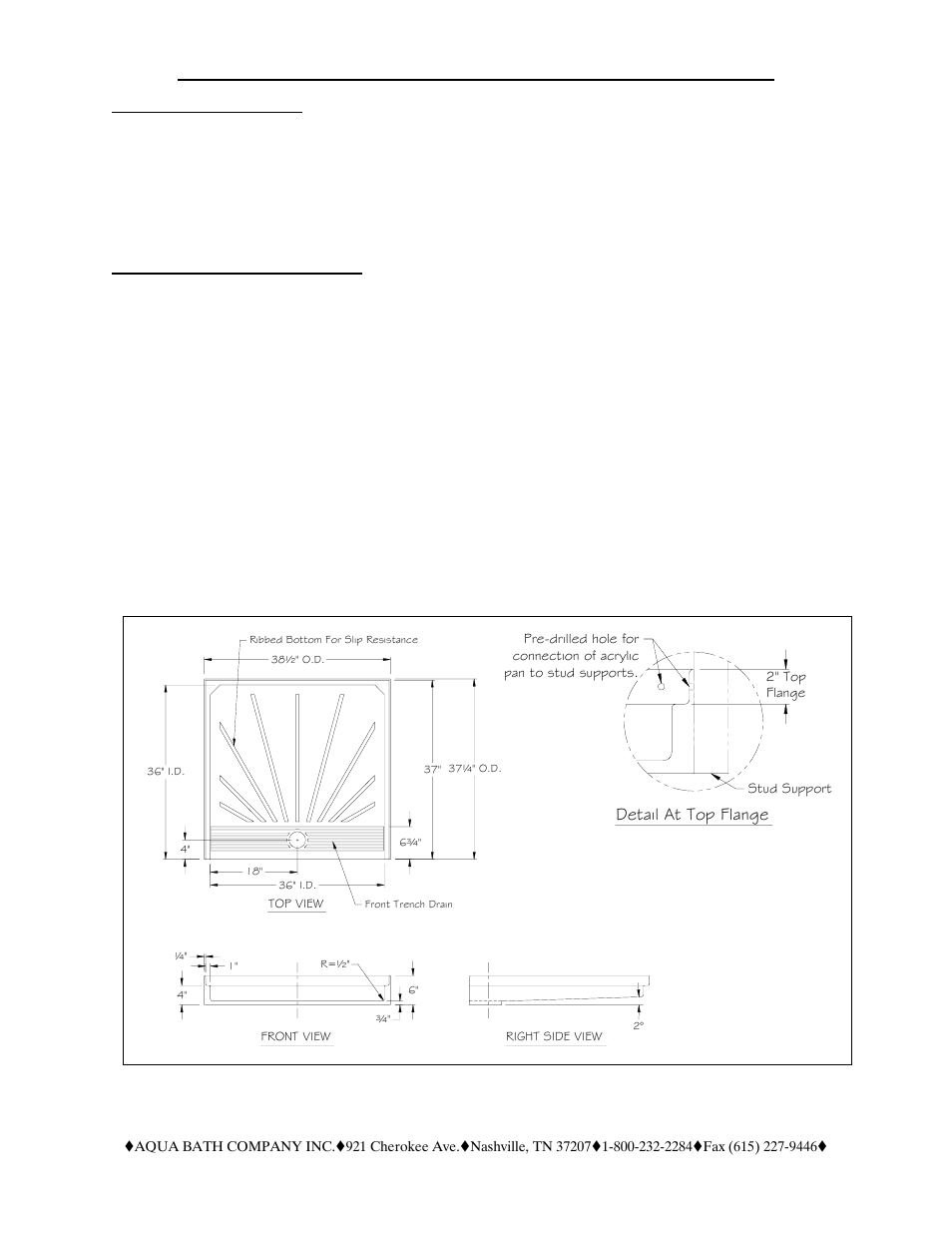 Page 1, Installation requirements, Steps for the installation process | Detail at top flange | Aqua Bath CP3636TD (Front Trench Drain) User Manual | Page 4 / 7