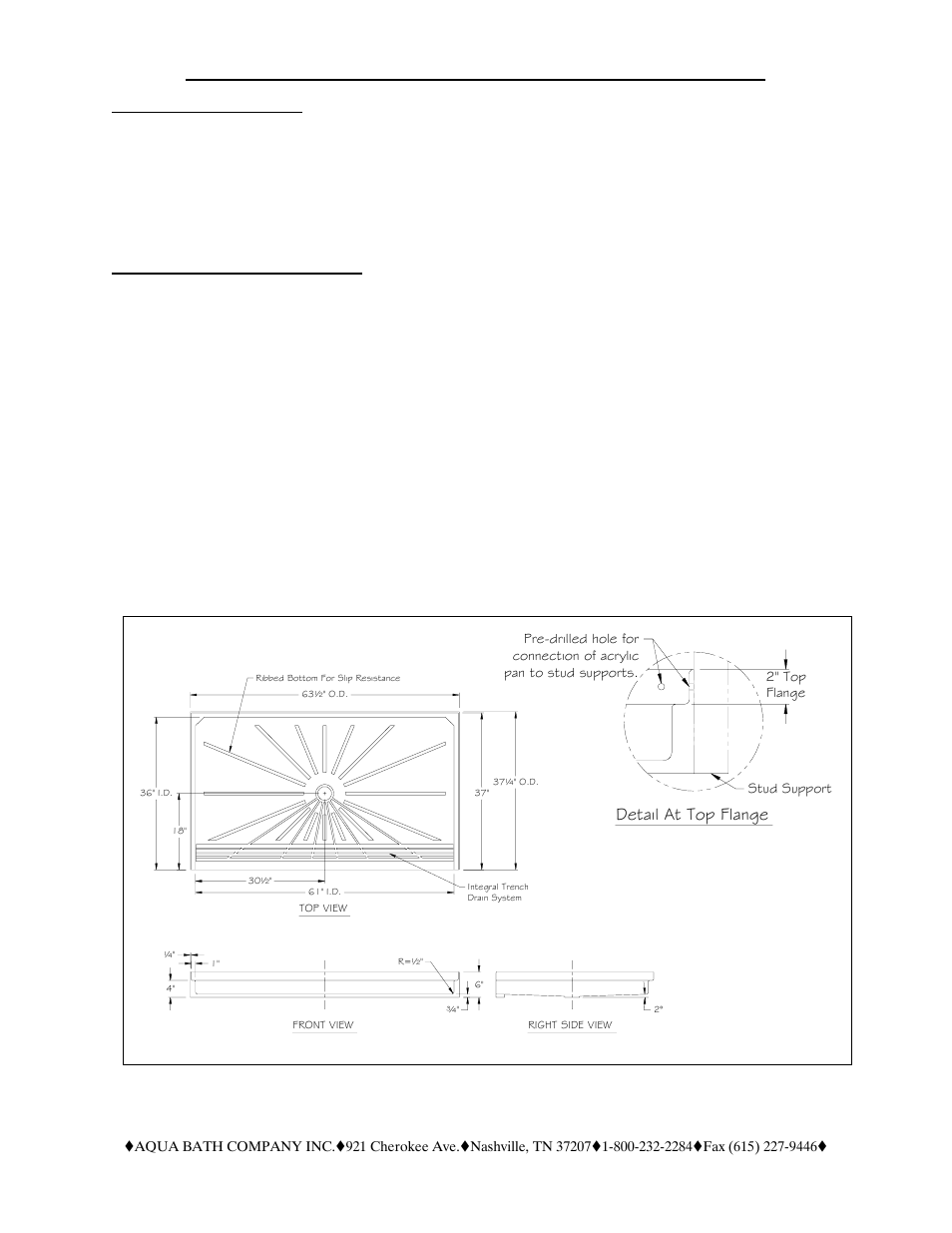 Page 1, Installation requirements, Steps for the installation process | Detail at top flange | Aqua Bath CP6036BF (Std Center Drain) User Manual | Page 4 / 7