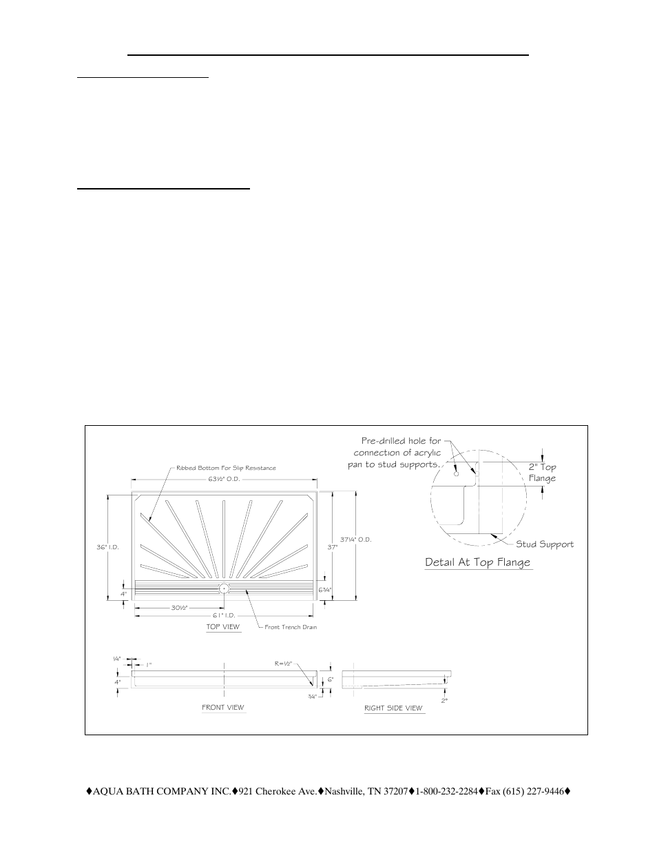 Page 1, Installation requirements, Steps for the installation process | Detail at top flange | Aqua Bath CP6036TD (Front Trench Drain) User Manual | Page 4 / 7