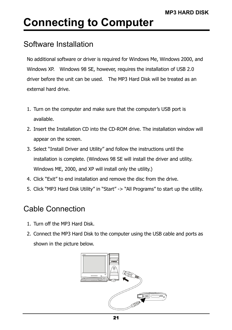 Connecting to computer, Software installation, Cable connection | ATMT MP180 User Manual | Page 23 / 33