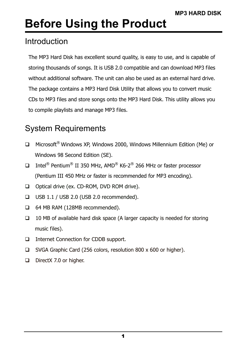 Before using the product, Introduction, System requirements | Mp3 hard disk | ATMT MP180 User Manual | Page 3 / 33