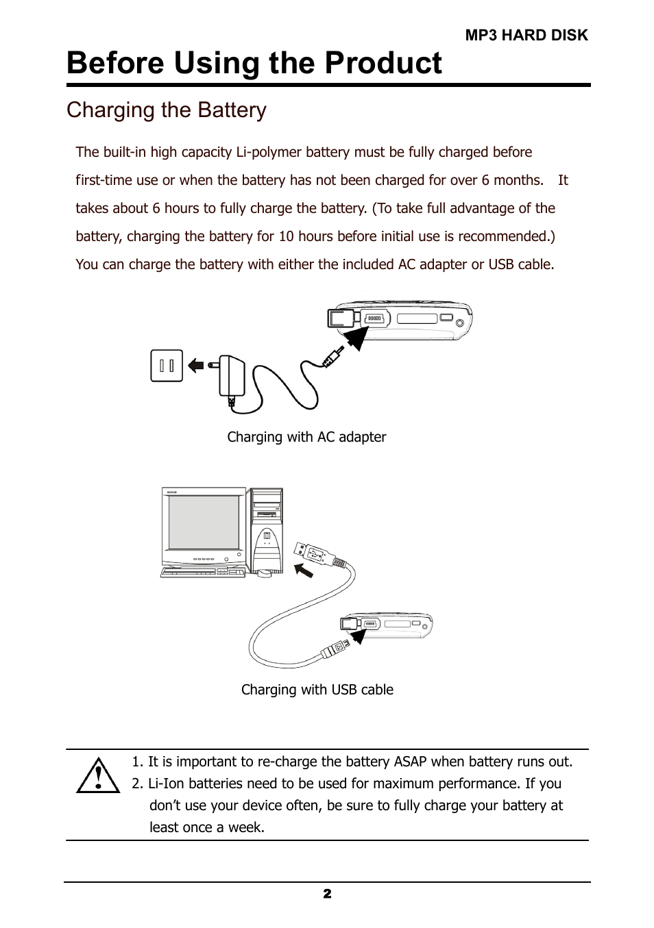 Charging the battery, Before using the product | ATMT MP180 User Manual | Page 4 / 33