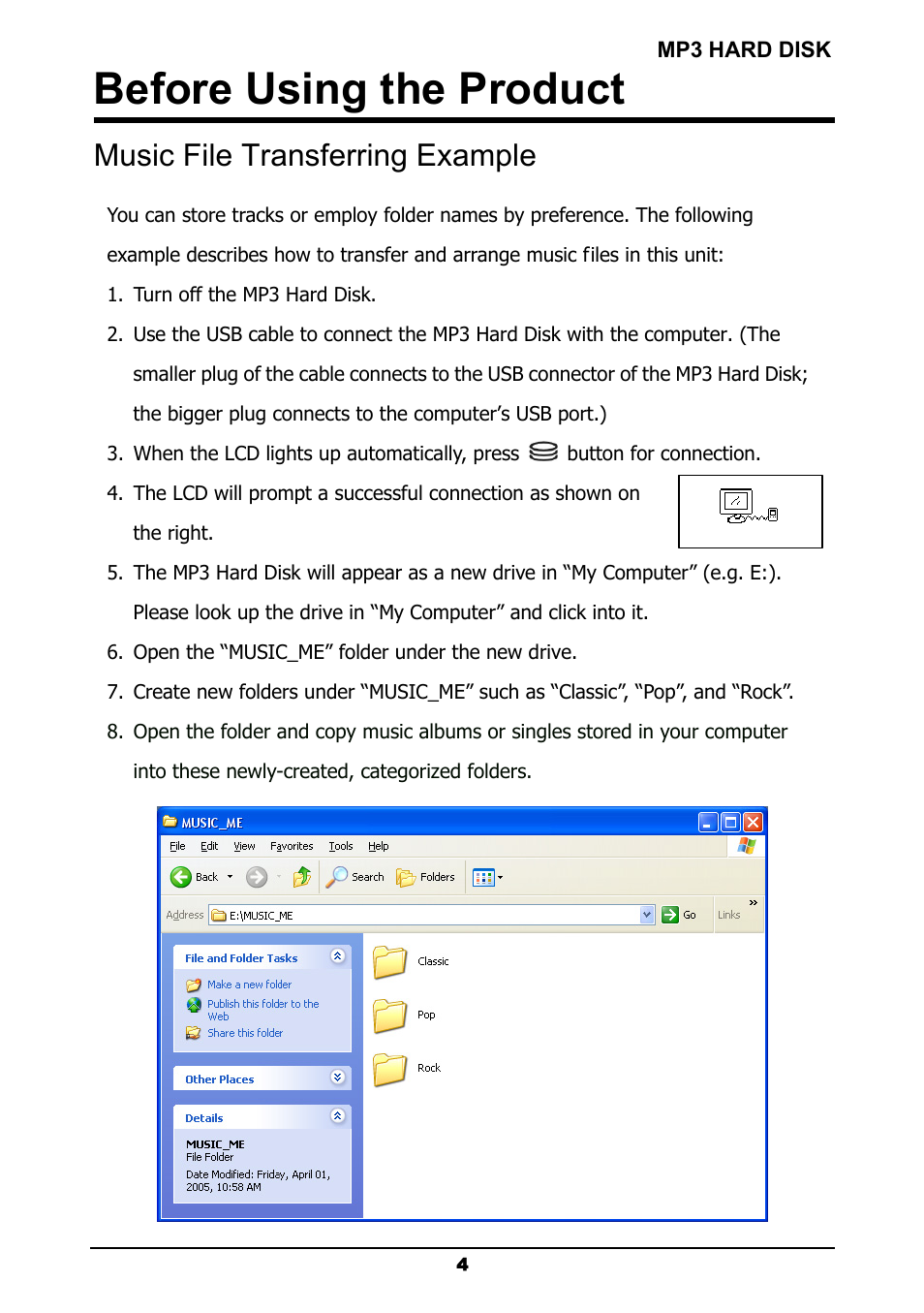Music file transferring example, Before using the product | ATMT MP180 User Manual | Page 6 / 33