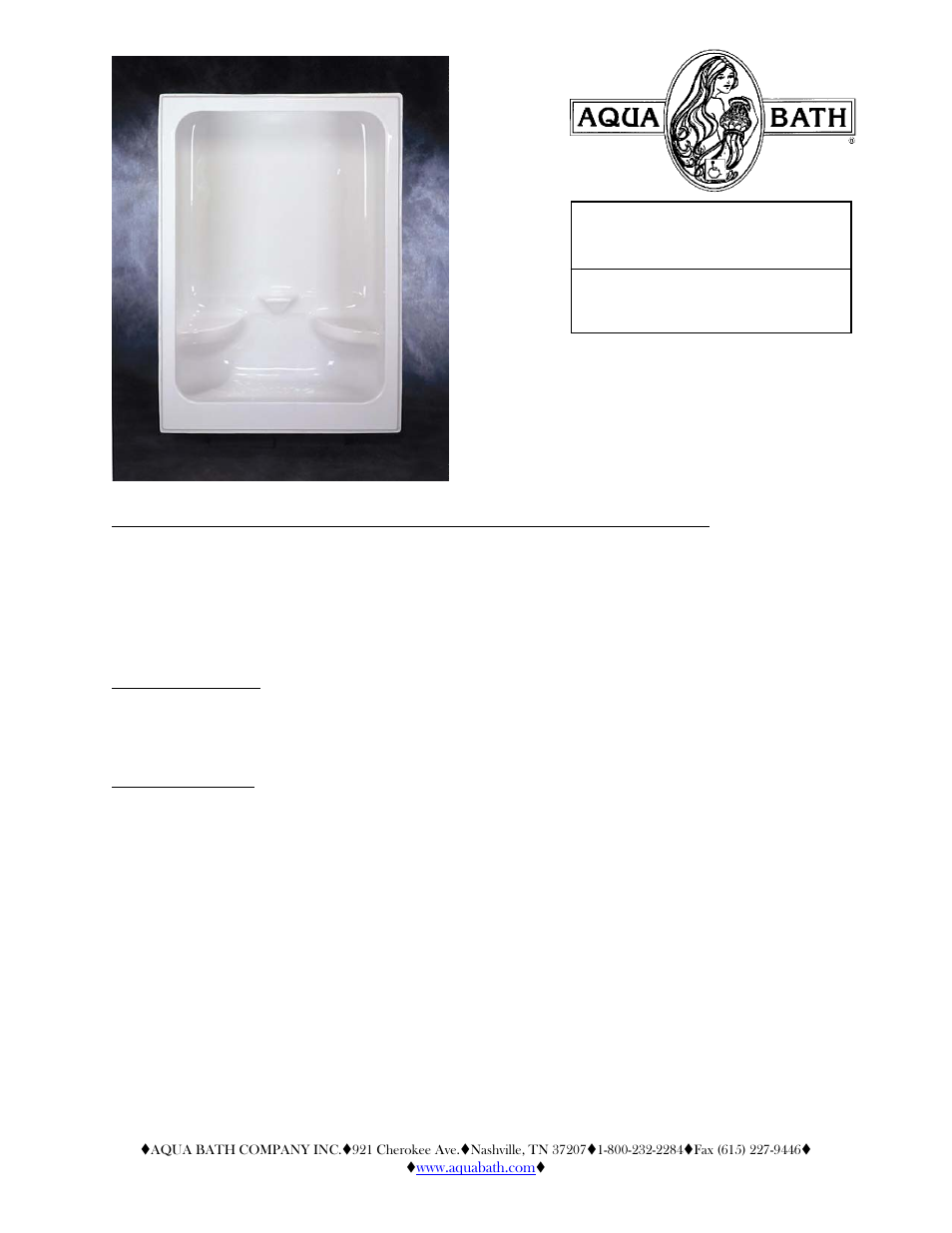 Residential series, Ab6036sh, Model ab6036sh | Aqua Bath AB6036SH User Manual | Page 2 / 2