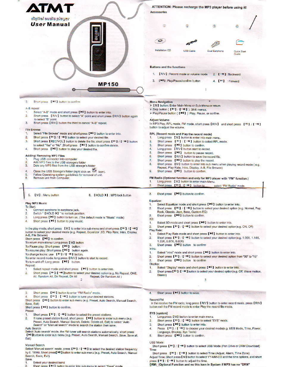 ATMT 2-PLAY MP150 User Manual | 2 pages