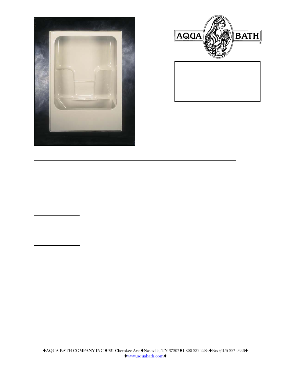 Residential series | Aqua Bath AB6031-34TS User Manual | Page 2 / 2