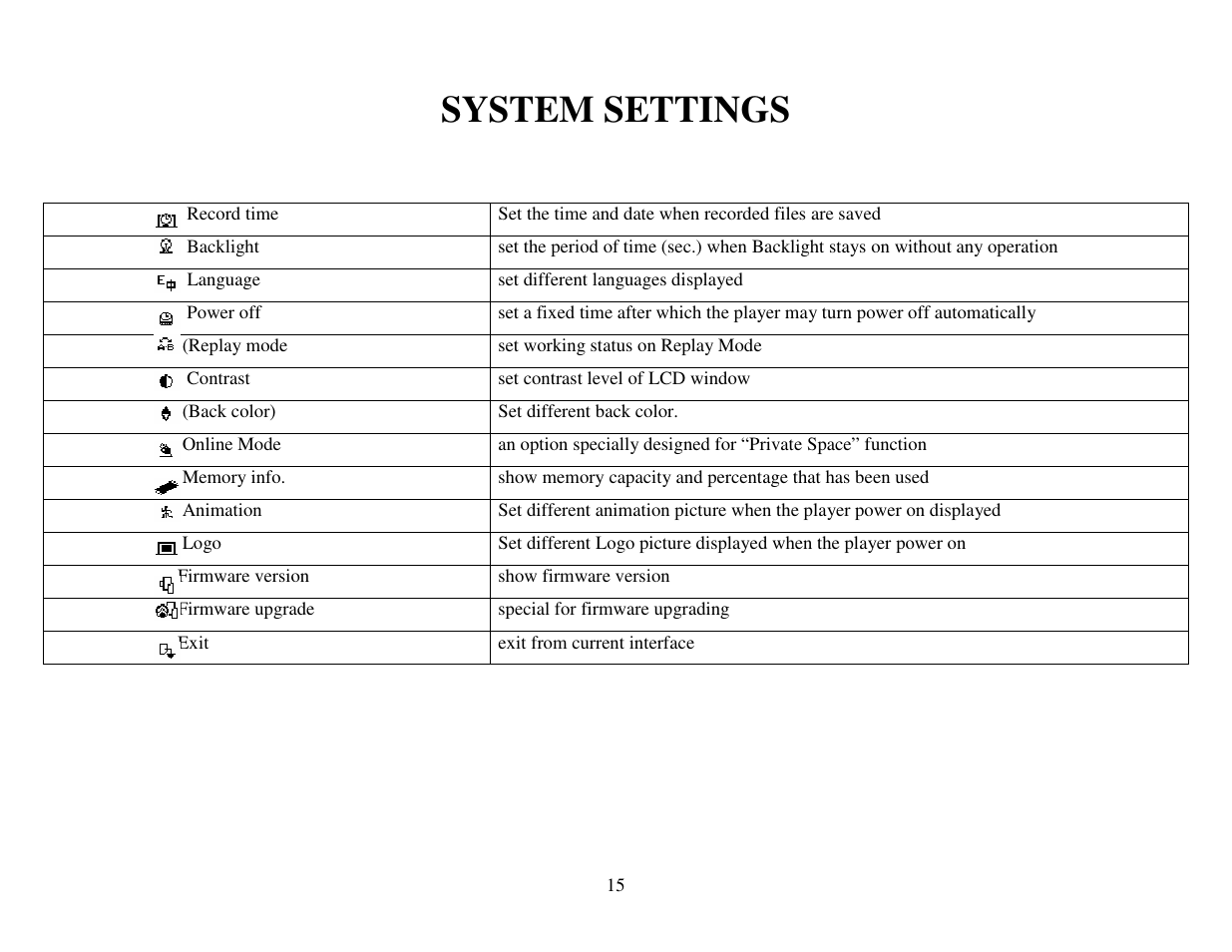 System settings | ATMT LITE MP3 User Manual | Page 15 / 23