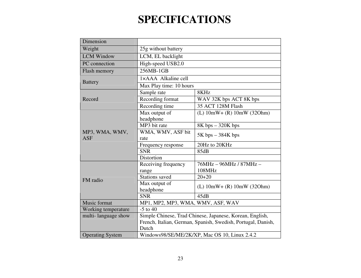 Specifications | ATMT LITE MP3 User Manual | Page 23 / 23