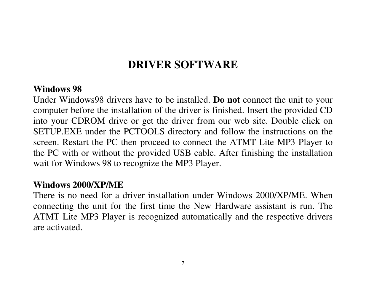 Driver software | ATMT LITE MP3 User Manual | Page 7 / 23