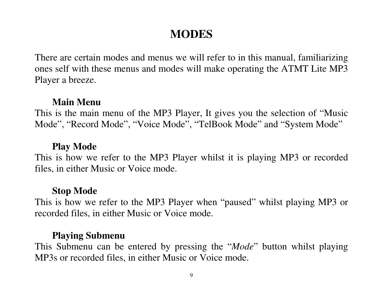 Modes | ATMT LITE MP3 User Manual | Page 9 / 23