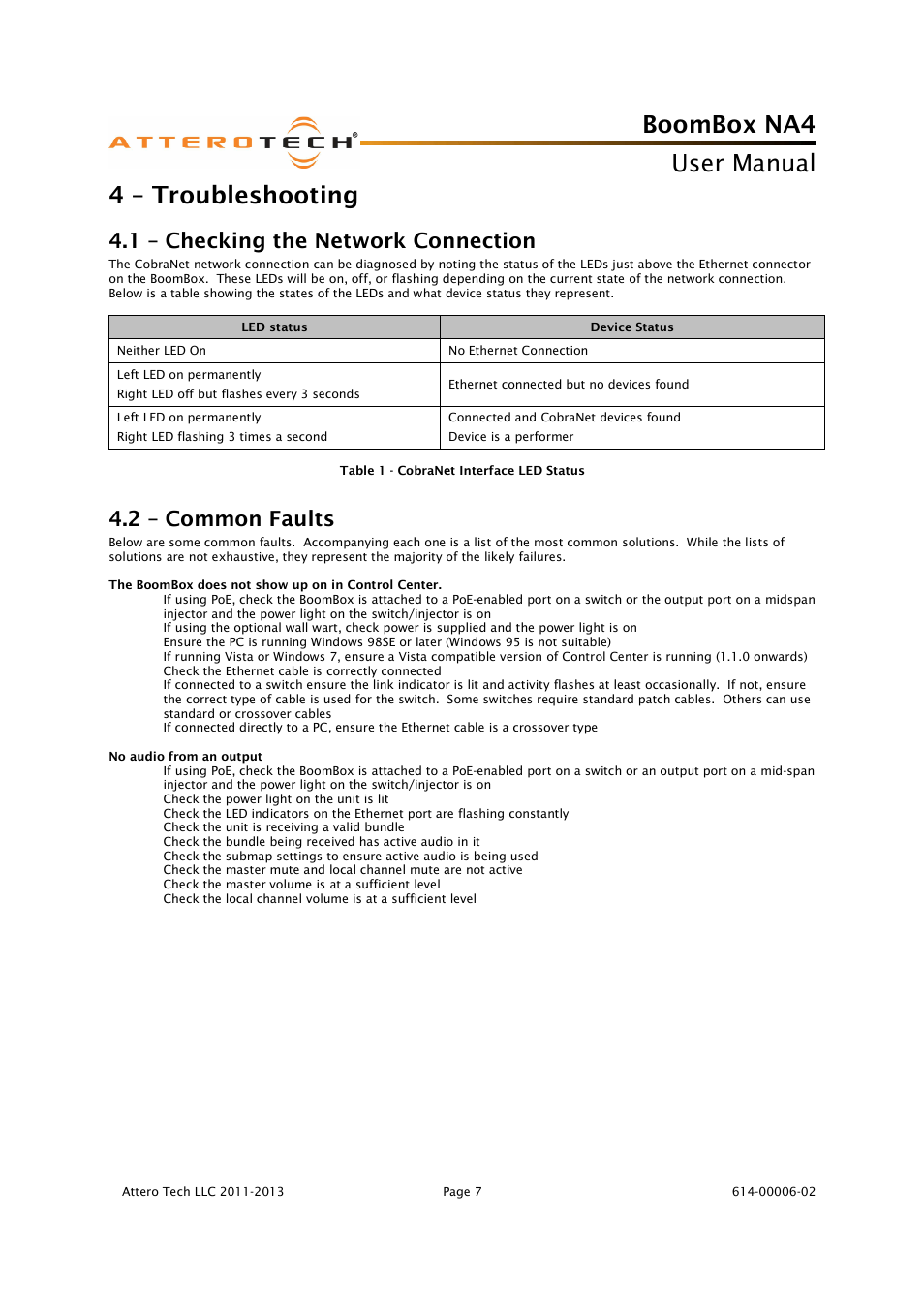 Boombox na4, User manual, 4 – troubleshooting | 1 – checking the network connection, 2 – common faults | Attero Tech BoomBox NA4 User Manual | Page 11 / 15