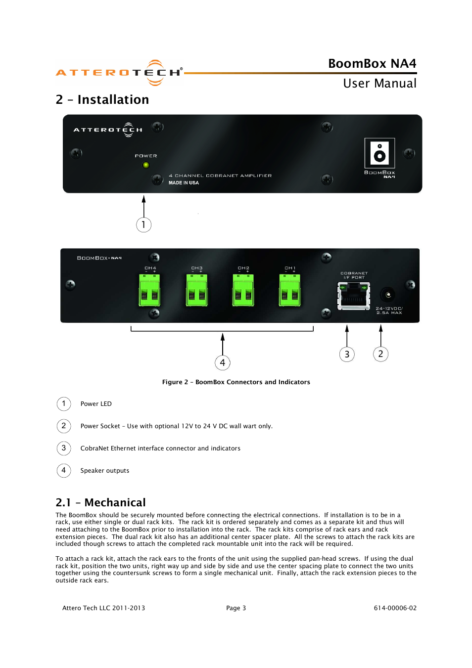 Boombox na4, User manual, 2 – installation | 1 – mechanical | Attero Tech BoomBox NA4 User Manual | Page 7 / 15