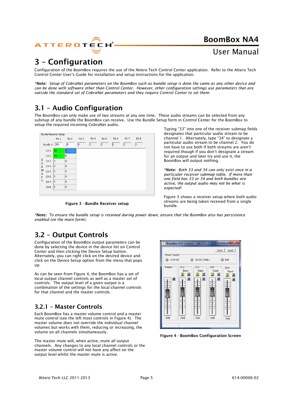 Boombox na4, User manual, 3 – configuration | 1 – audio configuration, 2 – output controls, 1 – master controls | Attero Tech BoomBox NA4 User Manual | Page 9 / 15