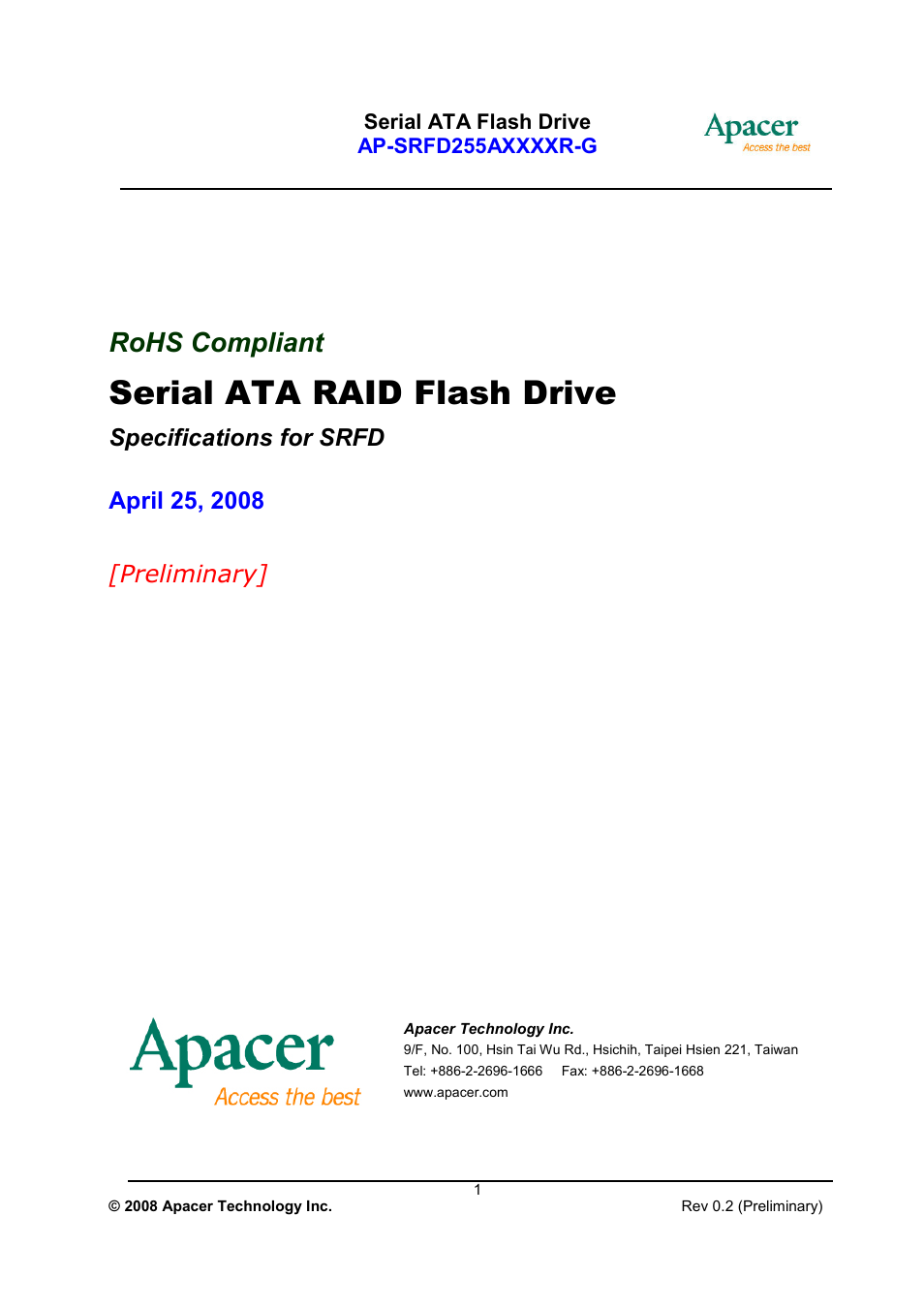 Apacer Technology AP-SRFD255AXXXXR-G User Manual | 18 pages