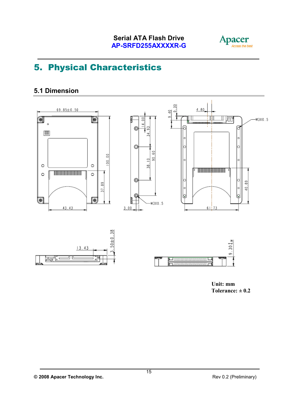 Physical characteristics | Apacer Technology AP-SRFD255AXXXXR-G User Manual | Page 15 / 18