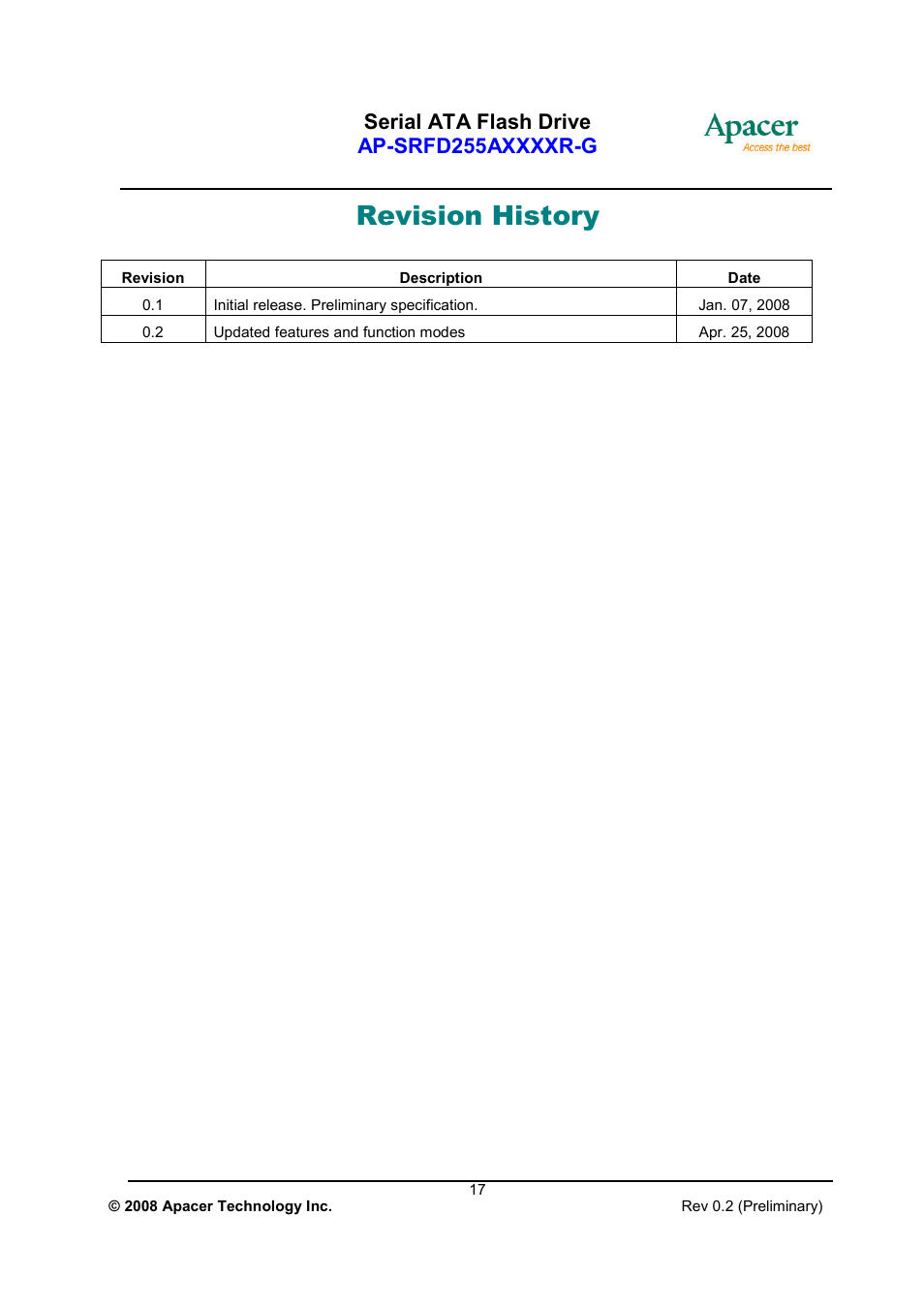 Revision history | Apacer Technology AP-SRFD255AXXXXR-G User Manual | Page 17 / 18