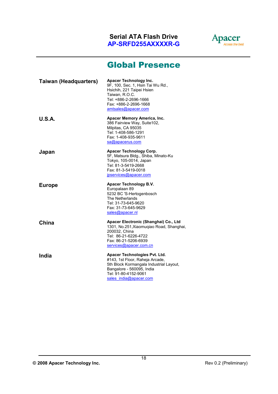 Global presence | Apacer Technology AP-SRFD255AXXXXR-G User Manual | Page 18 / 18