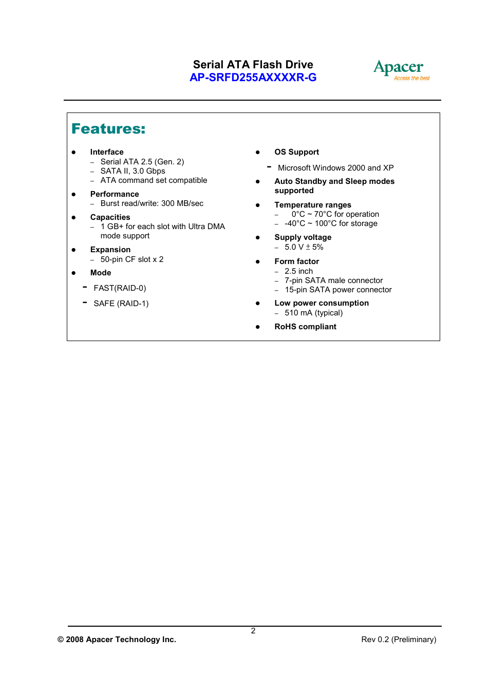 Features | Apacer Technology AP-SRFD255AXXXXR-G User Manual | Page 2 / 18