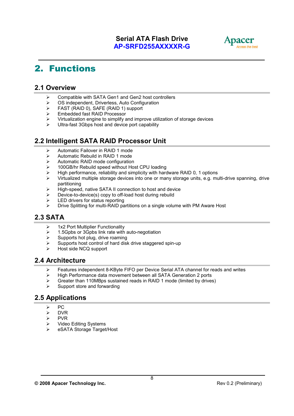 Functions, 1 overview, 2 intelligent sata raid processor unit | 3 sata, 4 architecture, 5 applications | Apacer Technology AP-SRFD255AXXXXR-G User Manual | Page 8 / 18