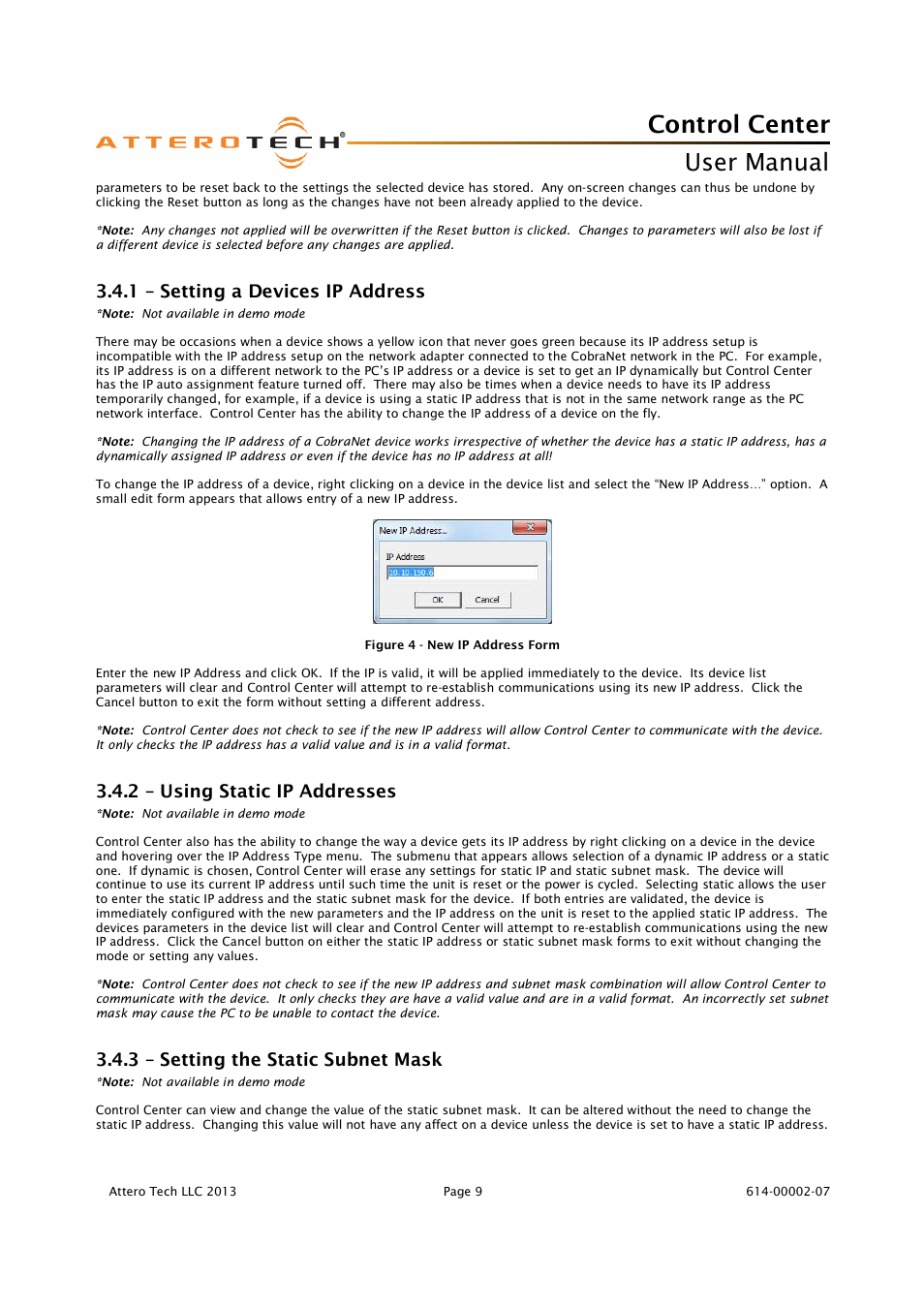 Control center, User manual, 1 – setting a devices ip address | 2 – using static ip addresses, 3 – setting the static subnet mask | Attero Tech Control Center User Manual | Page 11 / 25