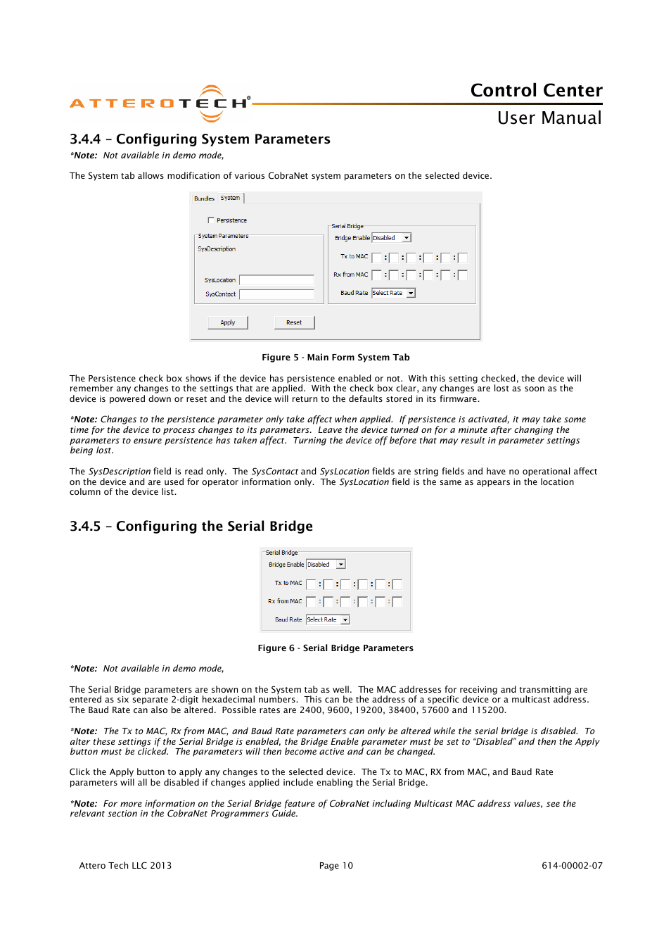 Control center, User manual, 4 – configuring system parameters | 5 – configuring the serial bridge | Attero Tech Control Center User Manual | Page 12 / 25