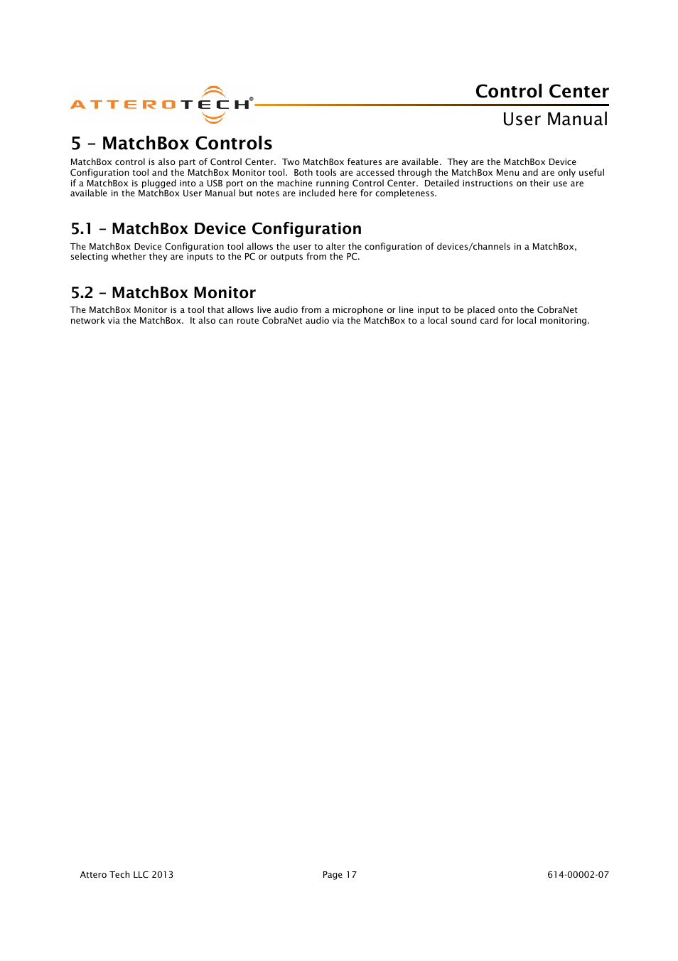 Control center, User manual, 5 – matchbox controls | 1 – matchbox device configuration, 2 – matchbox monitor | Attero Tech Control Center User Manual | Page 19 / 25