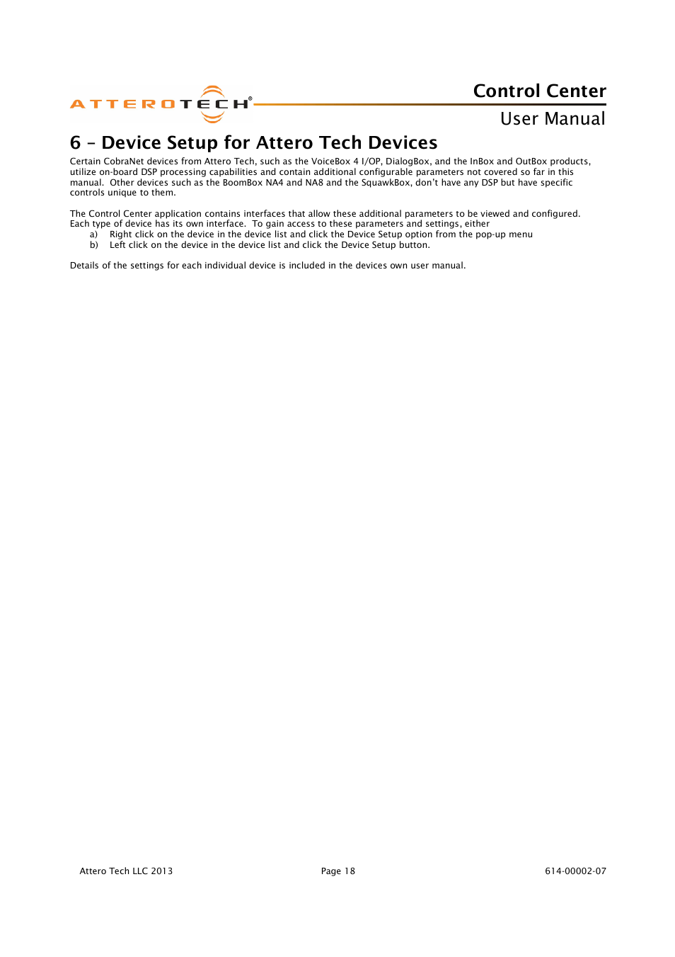 Control center, User manual, 6 – device setup for attero tech devices | Attero Tech Control Center User Manual | Page 20 / 25