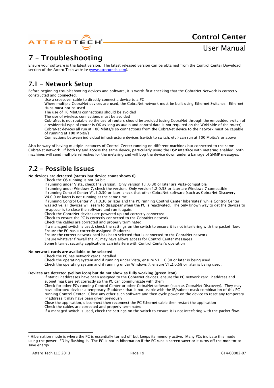Control center, User manual, 7 – troubleshooting | 1 – network setup, 2 – possible issues | Attero Tech Control Center User Manual | Page 21 / 25