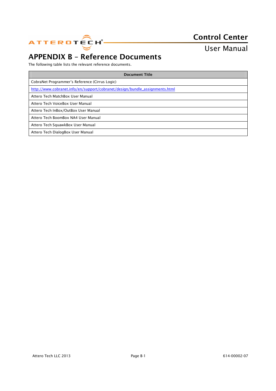 Control center, User manual, Appendix b – reference documents | Attero Tech Control Center User Manual | Page 25 / 25