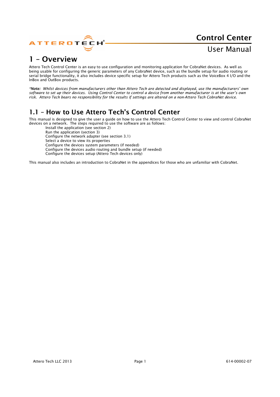 Control center, User manual, 1 – overview | 1 – how to use attero tech’s control center | Attero Tech Control Center User Manual | Page 3 / 25