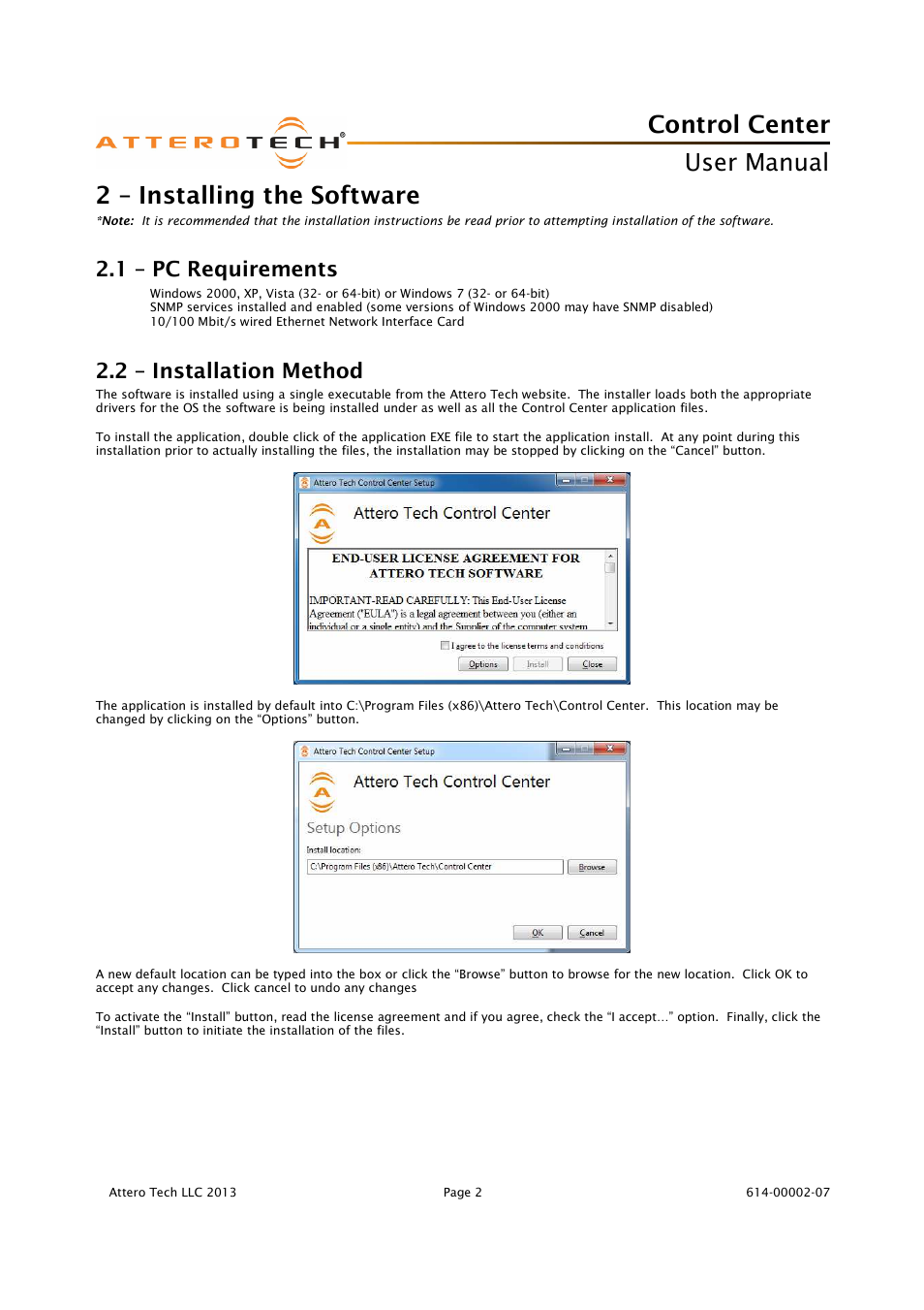 Control center, User manual, 2 – installing the software | 1 – pc requirements, 2 – installation method | Attero Tech Control Center User Manual | Page 4 / 25
