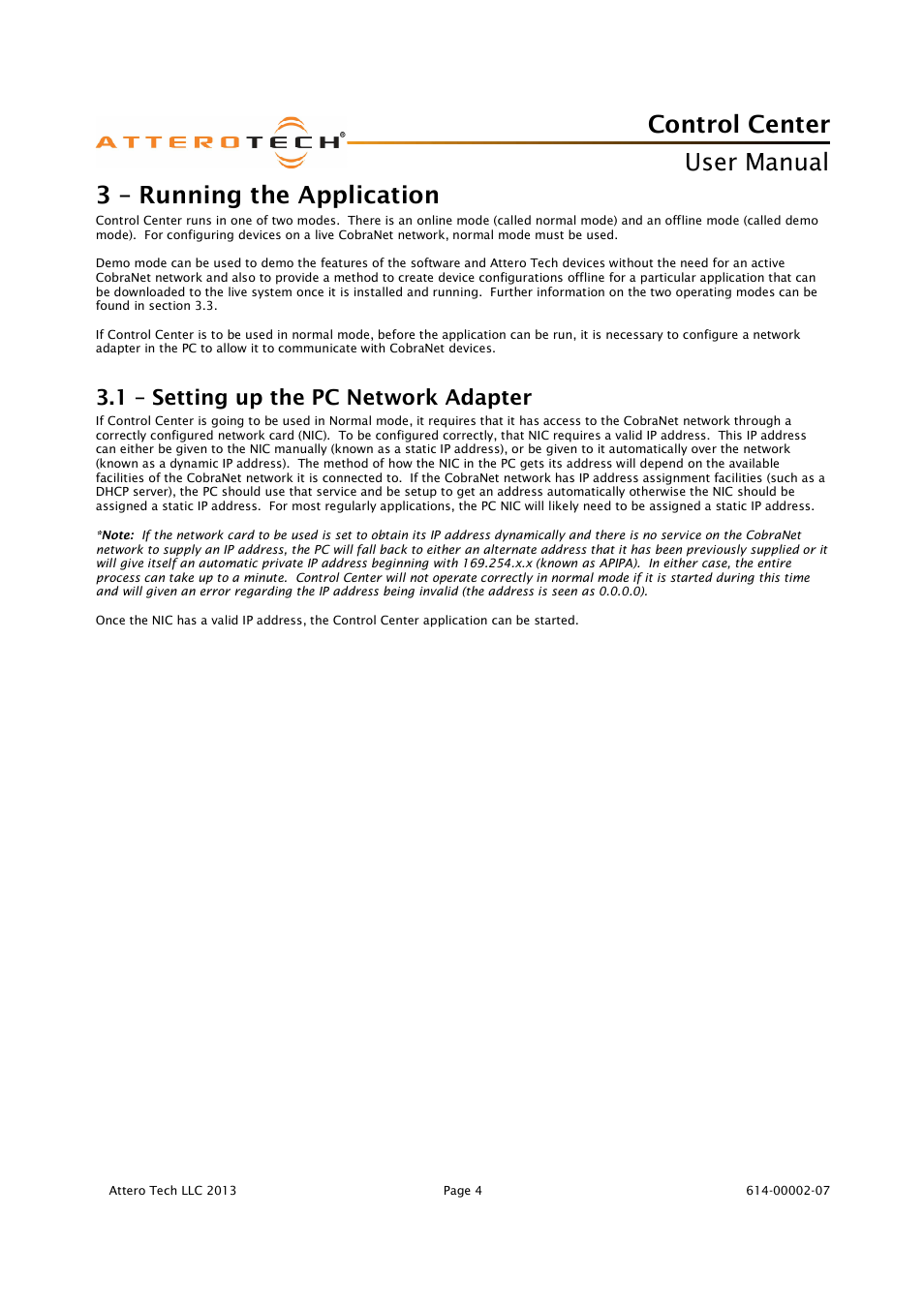 Control center, User manual, 3 – running the application | 1 – setting up the pc network adapter | Attero Tech Control Center User Manual | Page 6 / 25