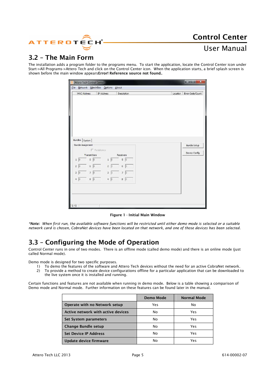 Control center, User manual, 2 – the main form | 3 – configuring the mode of operation | Attero Tech Control Center User Manual | Page 7 / 25