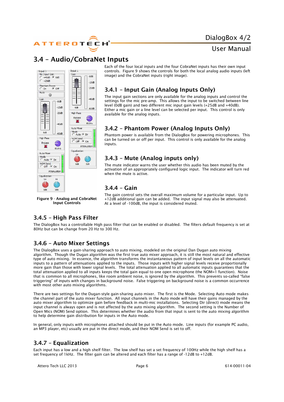 Dialogbox 4/2, User manual, 4 – audio/cobranet inputs | 1 – input gain (analog inputs only), 2 – phantom power (analog inputs only), 3 – mute (analog inputs only), 4 – gain, 5 – high pass filter, 6 – auto mixer settings, 7 – equalization | Attero Tech DialogBox User Manual | Page 11 / 21