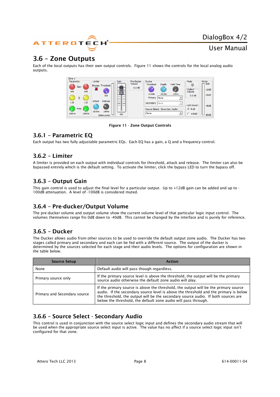 Dialogbox 4/2, User manual, 6 – zone outputs | 1 – parametric eq, 2 – limiter, 3 – output gain, 4 – pre-ducker/output volume, 5 – ducker, 6 – source select - secondary audio | Attero Tech DialogBox User Manual | Page 13 / 21