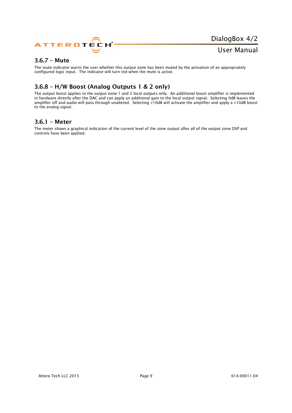 Dialogbox 4/2, User manual, 7 – mute | 8 – h/w boost (analog outputs 1 & 2 only), 1 – meter | Attero Tech DialogBox User Manual | Page 14 / 21