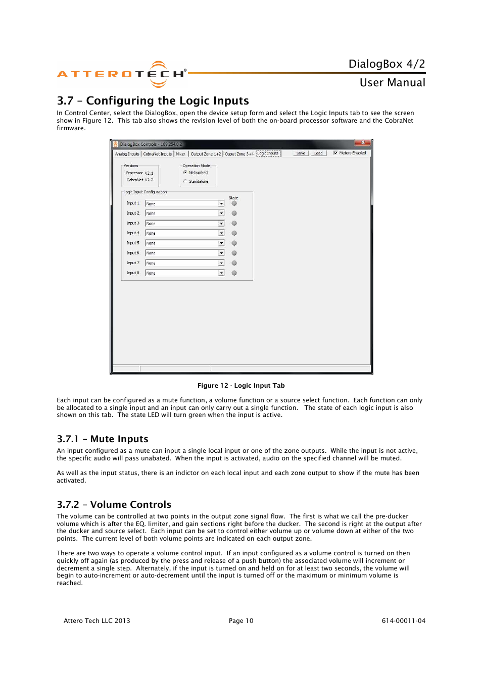 Dialogbox 4/2, User manual, 7 – configuring the logic inputs | 1 – mute inputs, 2 – volume controls | Attero Tech DialogBox User Manual | Page 15 / 21