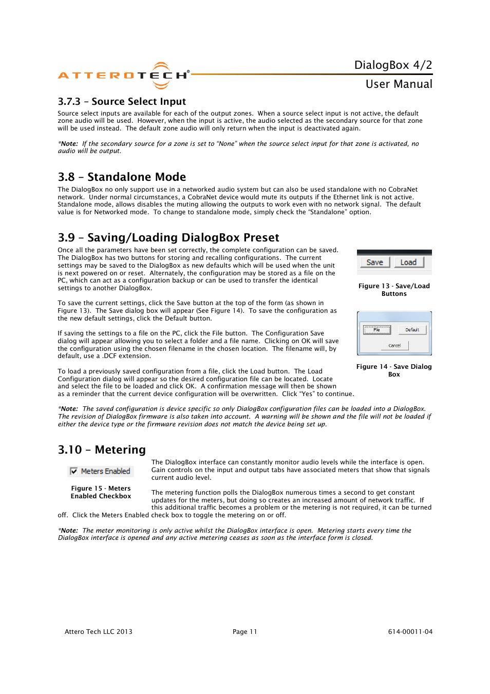 Dialogbox 4/2, User manual, 8 – standalone mode | 9 – saving/loading dialogbox preset, 10 – metering, 3 – source select input | Attero Tech DialogBox User Manual | Page 16 / 21