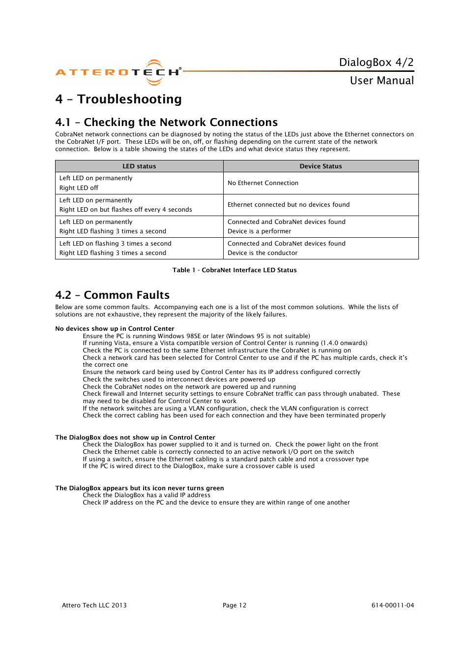 4 – troubleshooting, Dialogbox 4/2, User manual | 1 – checking the network connections, 2 – common faults | Attero Tech DialogBox User Manual | Page 17 / 21