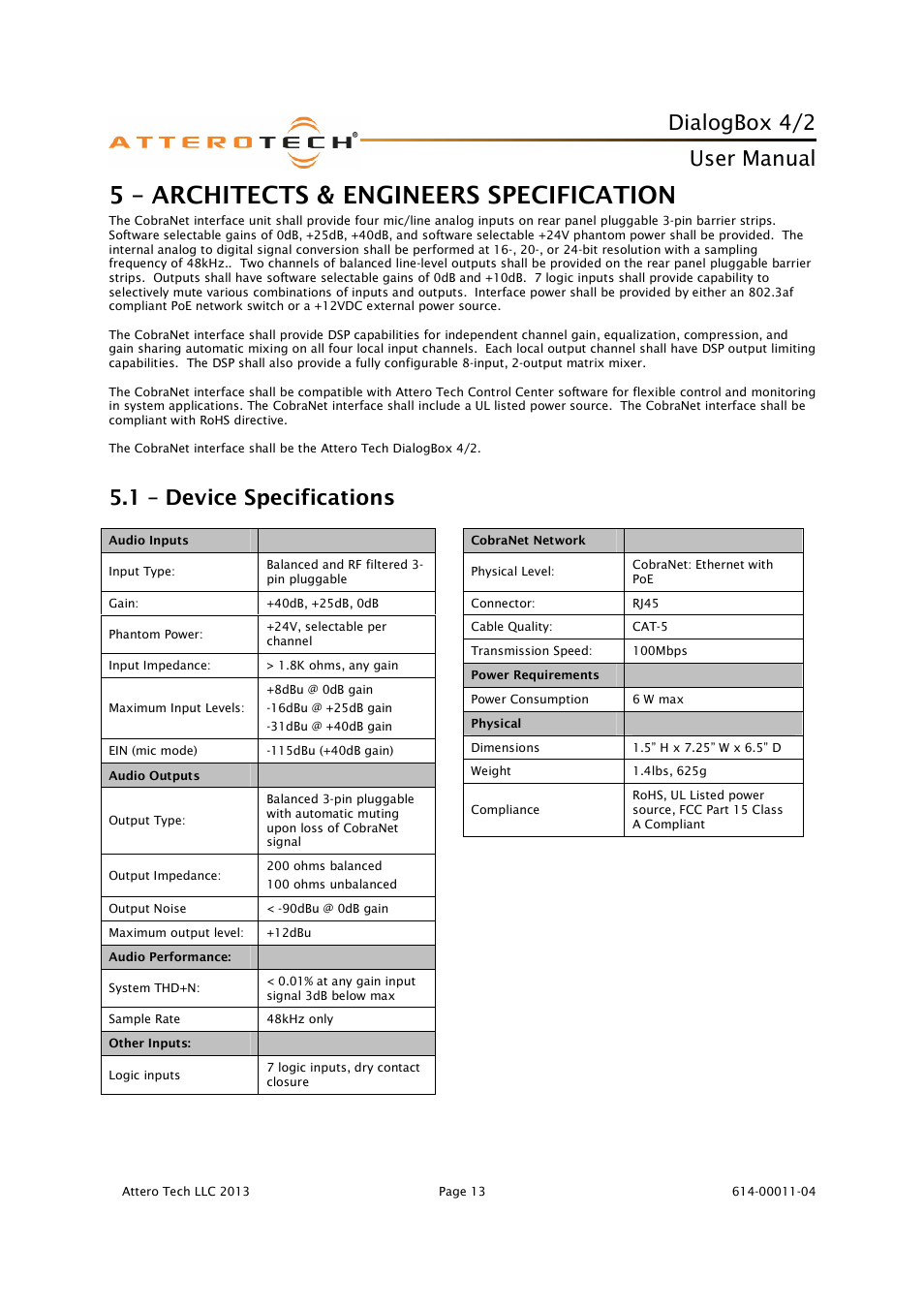 5 – architects & engineers specification, Dialogbox 4/2, User manual | 1 – device specifications | Attero Tech DialogBox User Manual | Page 18 / 21