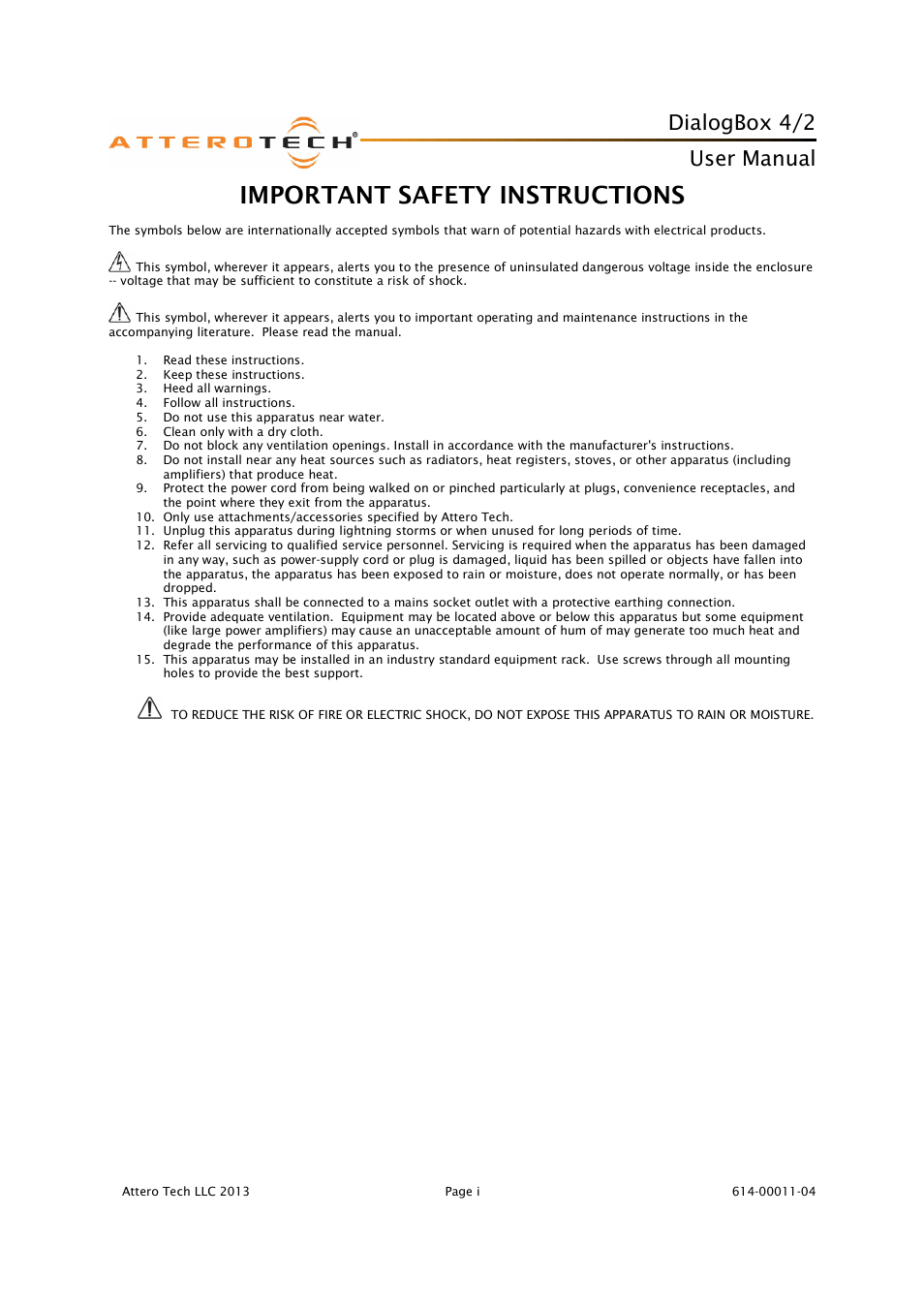 Important safety instructions, Dialogbox 4/2, User manual | Attero Tech DialogBox User Manual | Page 2 / 21