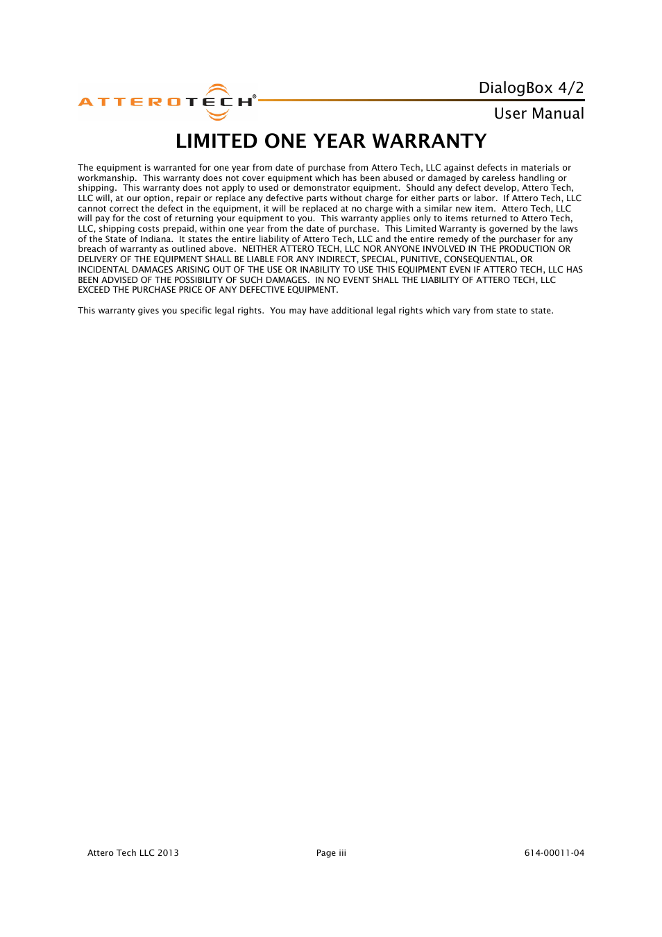 Limited one year warranty, Dialogbox 4/2, User manual | Attero Tech DialogBox User Manual | Page 4 / 21