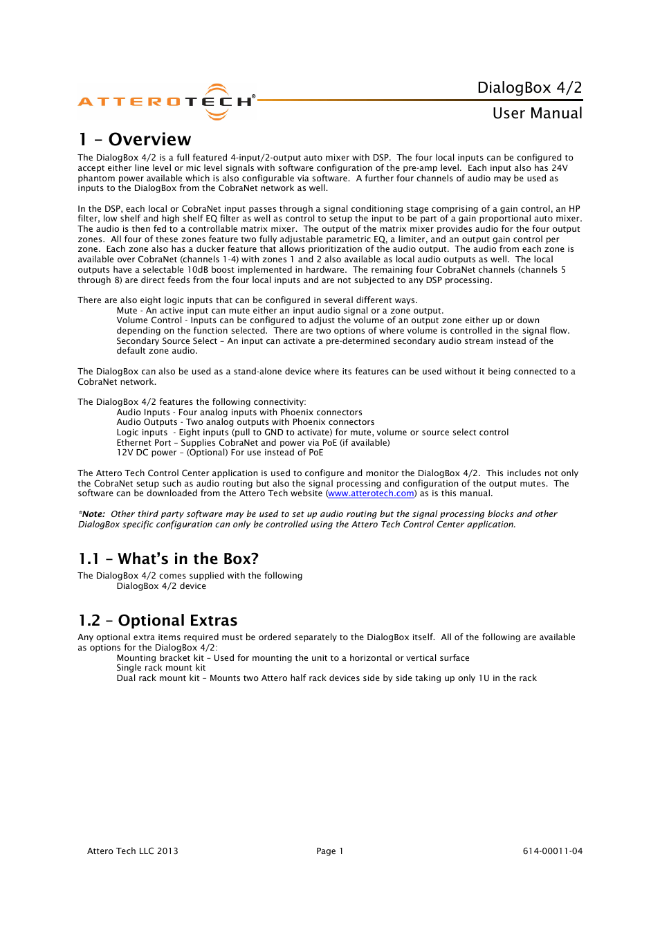 1 – overview, Dialogbox 4/2, User manual | 1 – what’s in the box, 2 – optional extras | Attero Tech DialogBox User Manual | Page 6 / 21