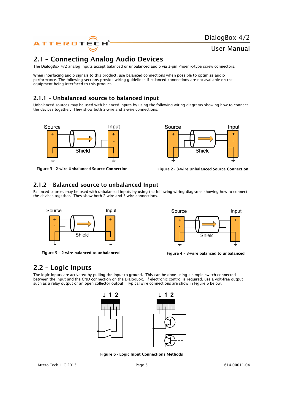Dialogbox 4/2, User manual, 1 – connecting analog audio devices | 2 – logic inputs, 1 – unbalanced source to balanced input, 2 – balanced source to unbalanced input | Attero Tech DialogBox User Manual | Page 8 / 21