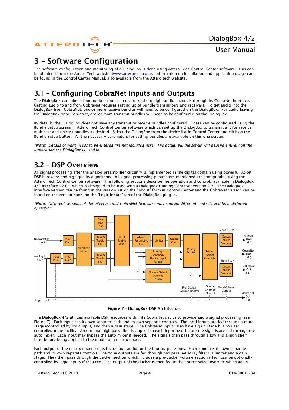 3 – software configuration, Dialogbox 4/2, User manual | 1 – configuring cobranet inputs and outputs, 2 – dsp overview | Attero Tech DialogBox User Manual | Page 9 / 21