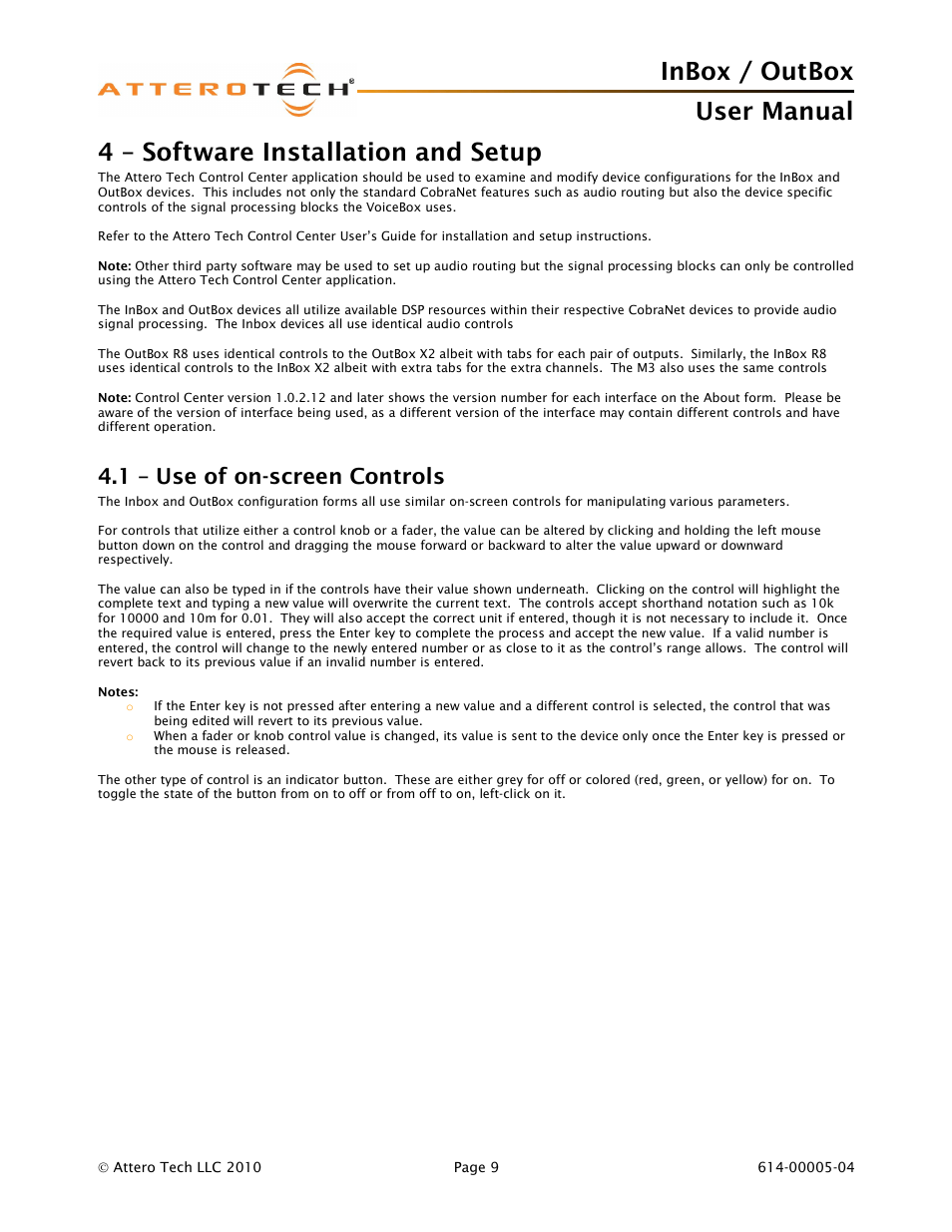 Inbox / outbox user manual, 4 – software installation and setup, 1 – use of on-screen controls | Attero Tech InBox/OutBox User Manual | Page 14 / 38